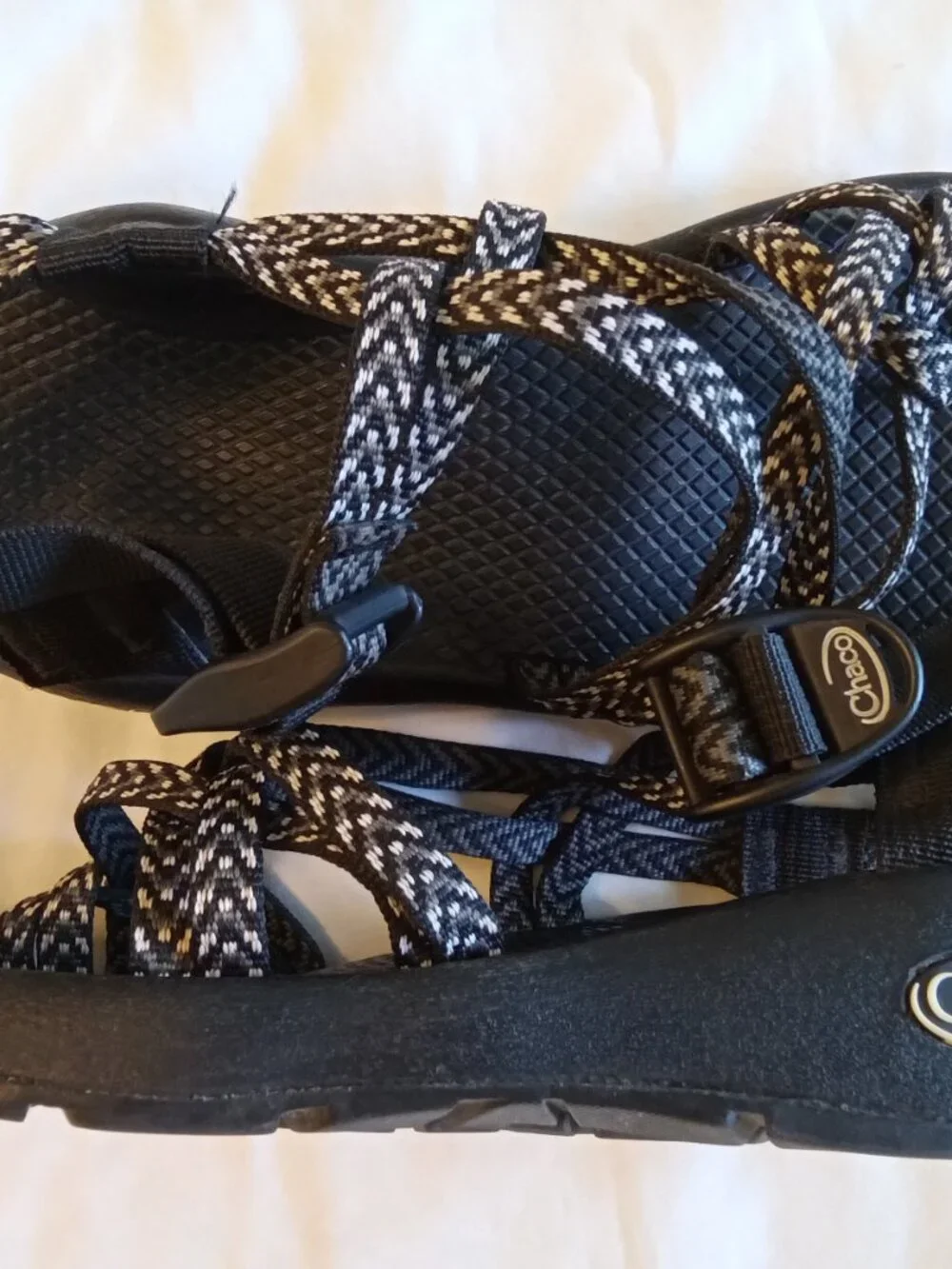 Women's Chaco strapoy sandals, blac, white and grey, size 6, pre-owned
